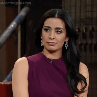 stare+down+dragons'+den+GIF+by+CBC.gif A woman with long dark hair looks skeptical, raising an eyebrow while seated indoors.