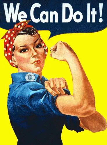 The classic 'We Can Do It!' poster of a woman in a blue shirt flexing her arm in a red bandana.