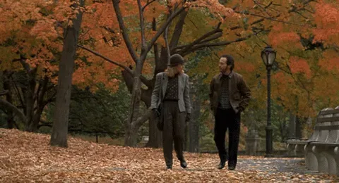 When+Harry+Met+Sally+Fall+GIF.gif A man and a woman in coats walk together along a path covered in orange autumn leaves.