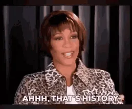 Whitney+Houston+GIF+by+mjm1724.gif A woman with a short bob and leopard print jacket smiles and points up, saying 'Ahhh, that's history.'