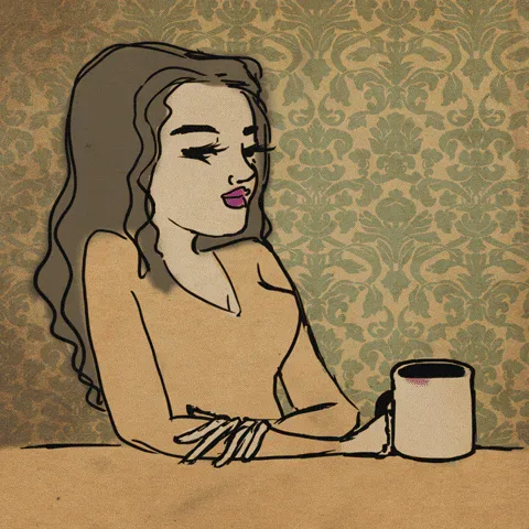 Good+Morning+Yes+GIF+by+Denyse®.gif An illustrated woman with wavy hair rests her arms on a table beside a mug, looking off wistfully.