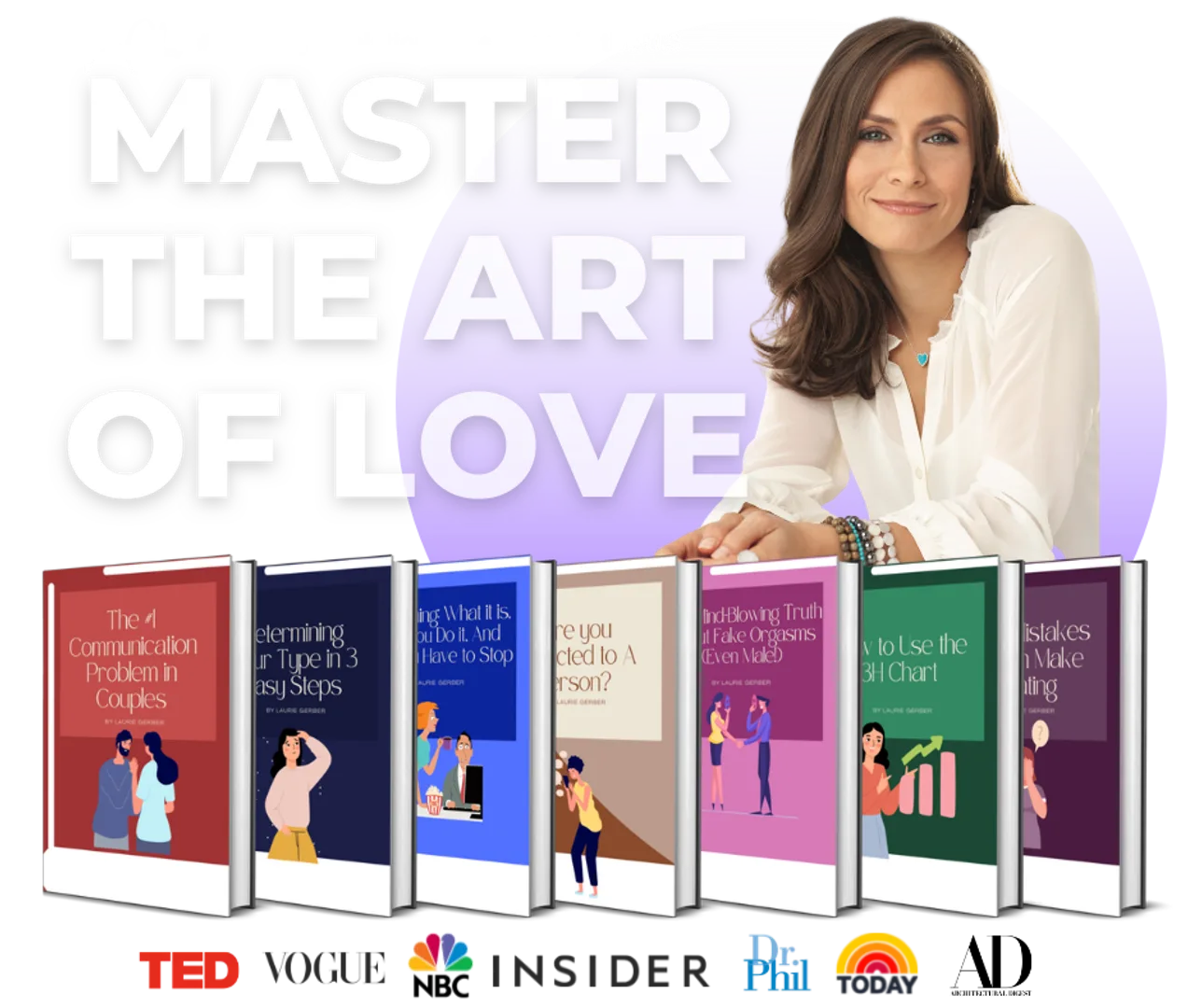 A Master the Art of Love cover names Laurie Gerber the #1 dating coach in the US above seven ebook covers.
