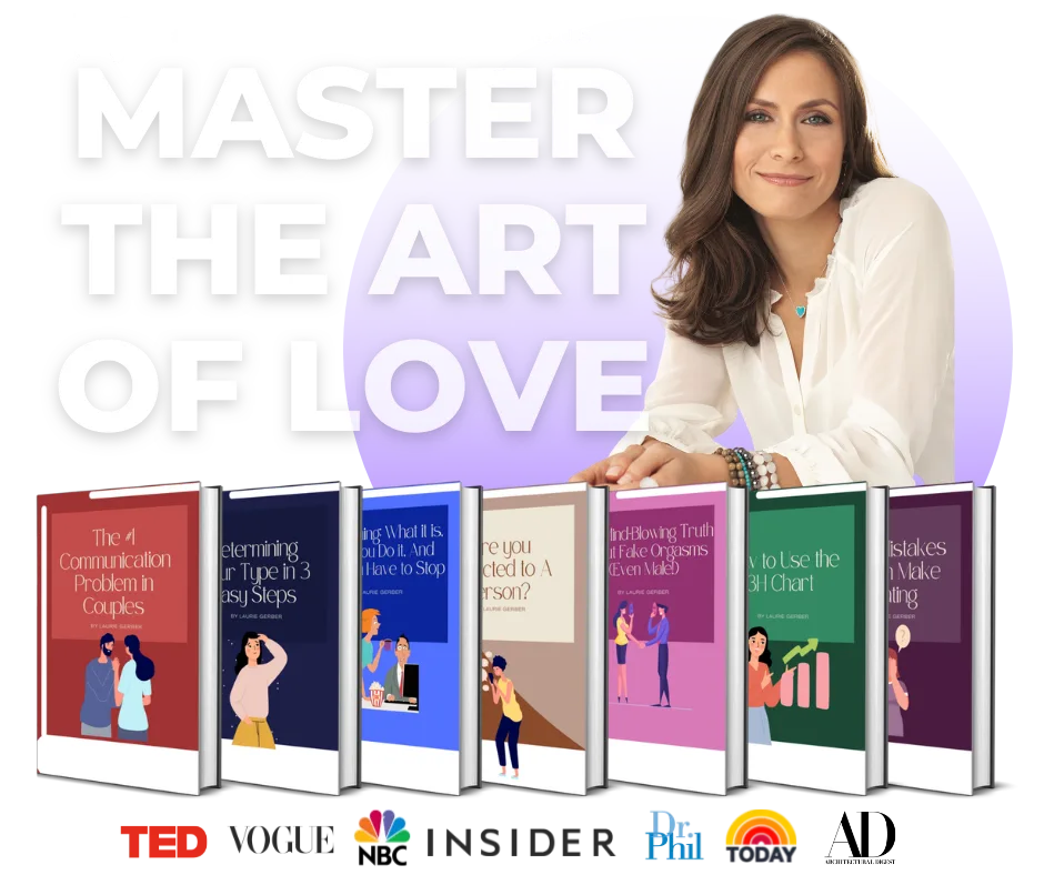 911225c4-705e-dd0f-f11b-35d89a3cd338.png A Master the Art of Love cover names Laurie Gerber the #1 dating coach in the US above seven ebook covers.