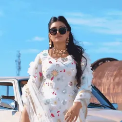 Women+Power+Swag+GIF+by+Believe+India.gif A woman in an embellished dress and sunglasses poses by a car, shown in two different outfits.