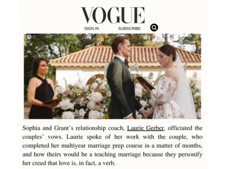 9f6c1bbe-3040-65a3-355e-e11c18ee69b1.jpg A Vogue article shows Laurie Gerber officiating an outdoor wedding for a couple exchanging vows amid flowers.