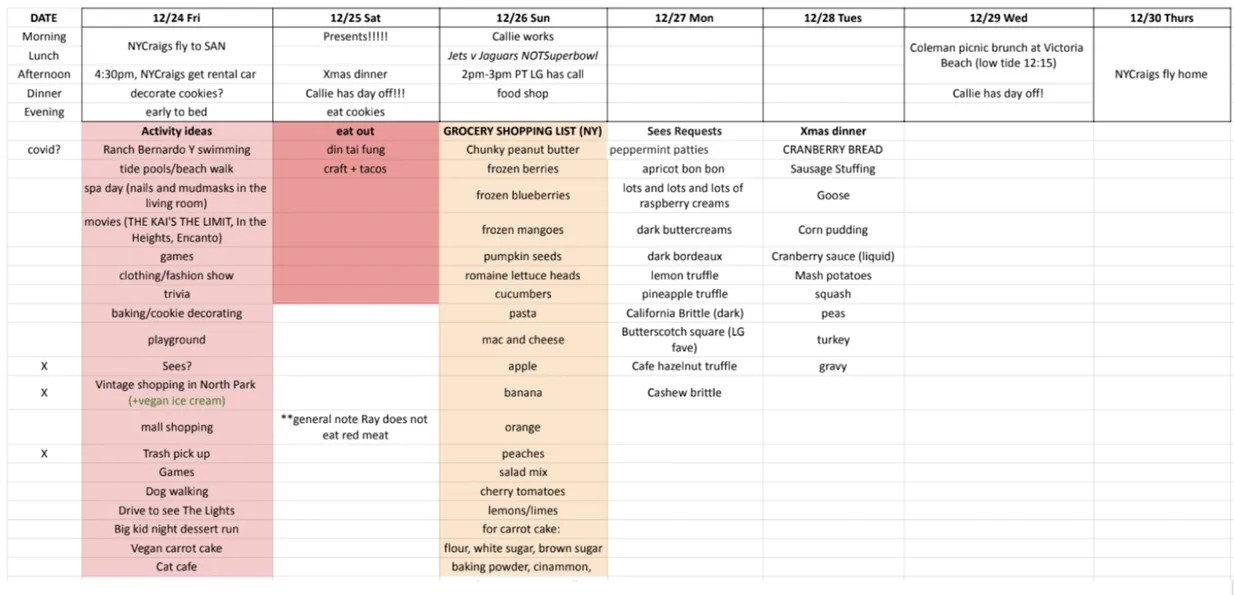 A weekly planner spreadsheet lists daily activities, meals, and a grocery shopping list by date.