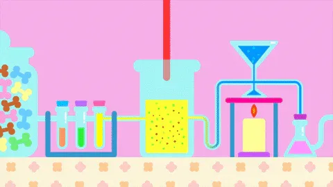 0b8056cb-a06c-84f4-8c07-608b9f069afc.gif A cartoon lab machine mixes colorful ingredients into a brown batter beside a jar of bone-shaped dog treats.