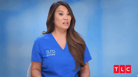 A woman in blue scrubs throws white tissue paper into the air in a TLC skincare segment.