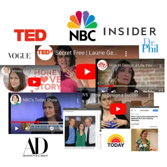 eee50c6f-f16e-7e09-5745-d2379c0db2d1.png A collage of press logos (TED, NBC, Insider, Dr. Phil, Vogue) frames video clips of Laurie Gerber's TV interviews.