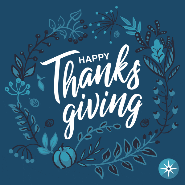 A dark blue Thanksgiving wreath graphic with leaves and a pumpkin displays the text 'Happy Thanksgiving.'