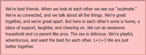 A screenshot describes a couple as best friends and soulmates who support each other.
