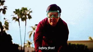 Safety+First+GIF+by+myLAB+Box.gif A man in safety goggles gestures outdoors near palm trees as on-screen text reads 'Safety first!'
