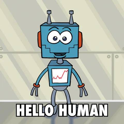 A cartoon robot with a stock chart on its chest waves and says 'Hello human.'