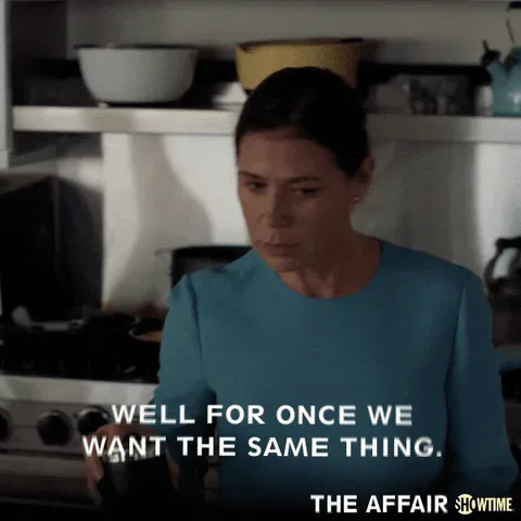 Maura+Tierney+Helen+GIF+by+Showtime.gif A woman in a teal top in a kitchen says, 'Well for once we want the same thing.'
