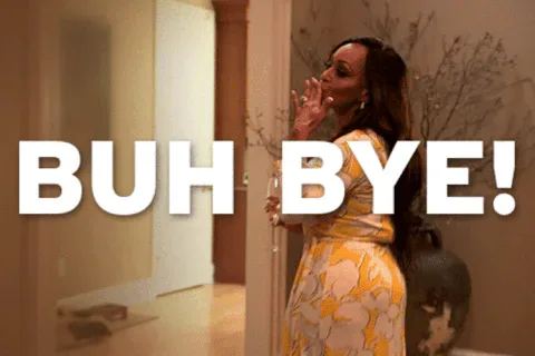Shahs+Of+Sunset+Tata+GIF.gif A woman in a floral dress waves goodbye in a hallway as on-screen text reads 'Buh bye!'