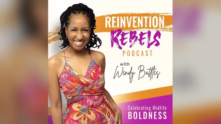 Podcast artwork for Reinvention Rebels Podcast with Wendy Battles, Celebrating Midlife Boldness: a laughing woman in a colorful dress beside the show title.