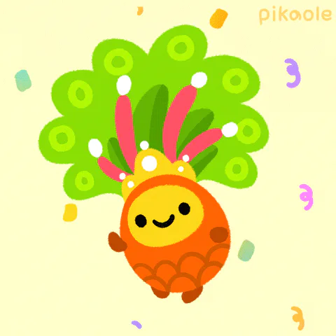 An animated character with a feathered headdress smiles amid falling confetti.