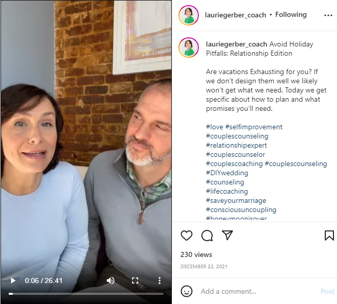 d77fc391-c128-70e0-d35f-0c8569d0d1d5.png A screenshot of an Instagram video post by Laurie Gerber titled 'Avoid Holiday Pitfalls: Relationship Edition.'