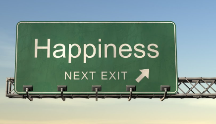 A green highway sign reads 'Happiness, next exit' with an arrow pointing ahead.