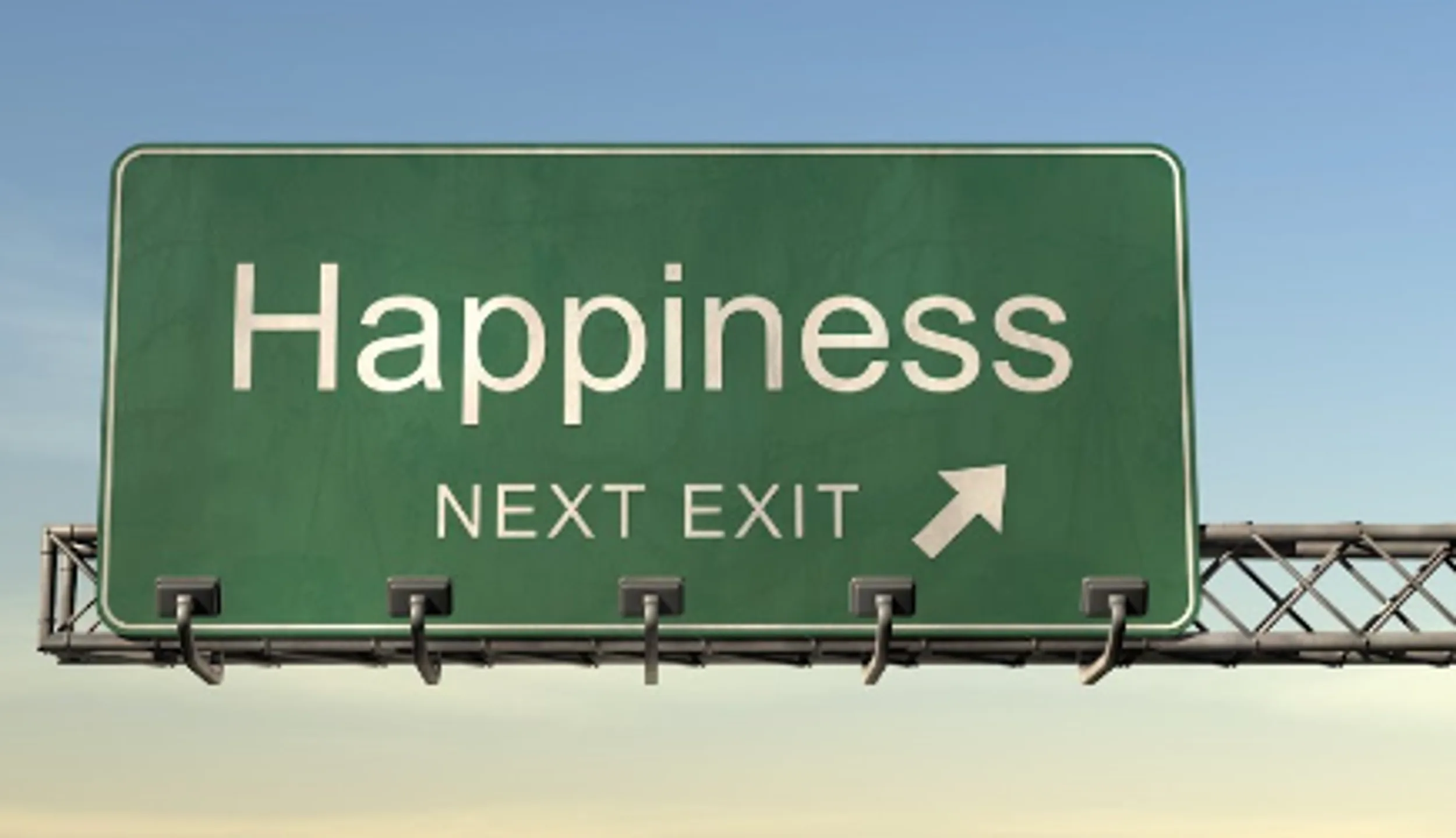 A green highway sign reads 'Happiness, next exit' with an arrow pointing ahead.