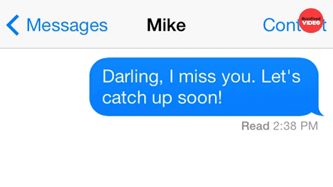 A phone text thread from 'Mike' reads 'darling, I miss you' followed by a sarcastic reply about fainting from excitement.