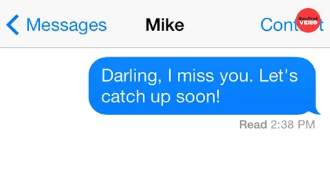 Text+Me+Back+I+Miss+You+GIF+by+BuzzFeed.gif A phone text thread from 'Mike' reads 'darling, I miss you' followed by a sarcastic reply about fainting from excitement.