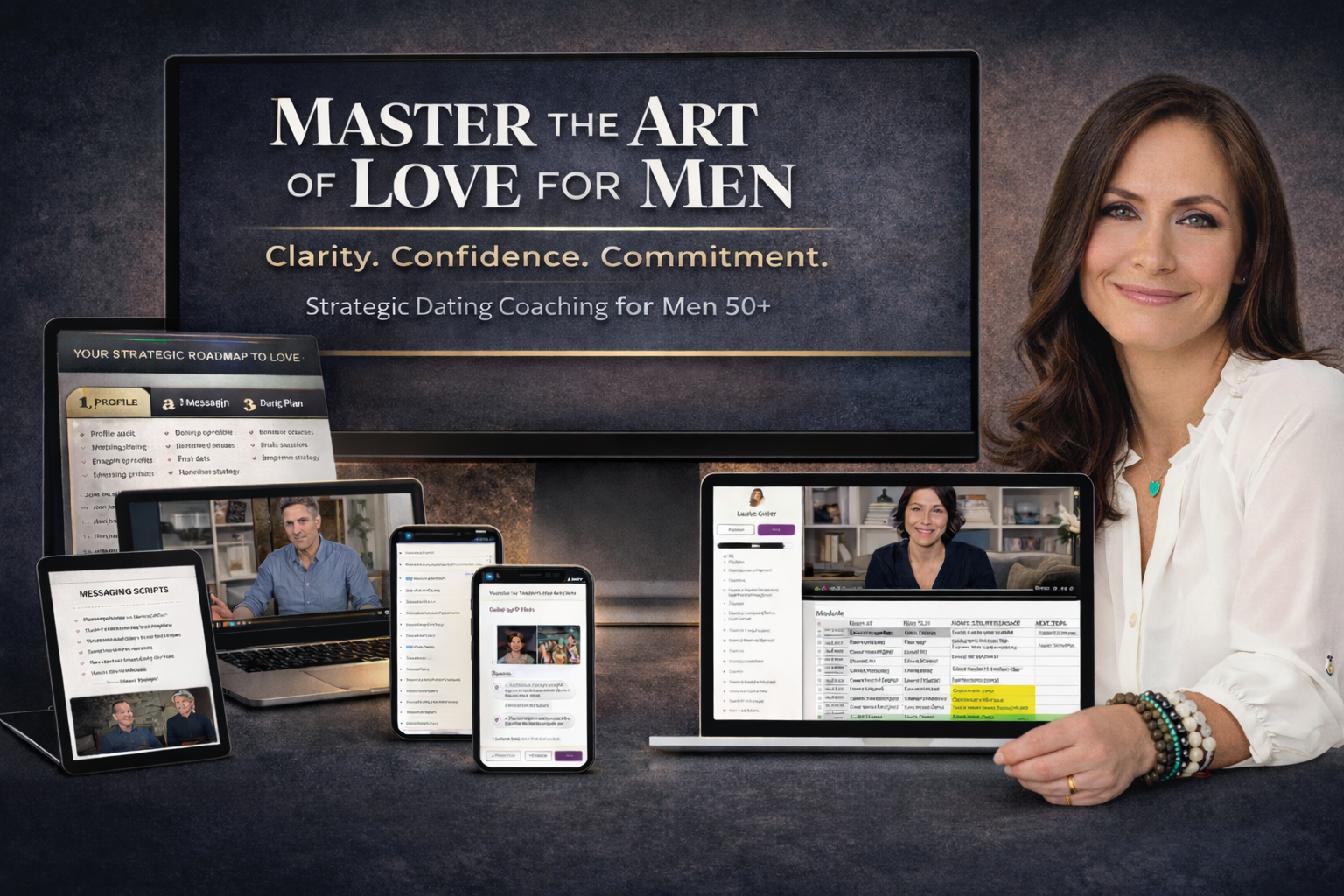 A smiling woman with long brown hair beside a screen and devices showing 'Master the Art of Love for Men.'