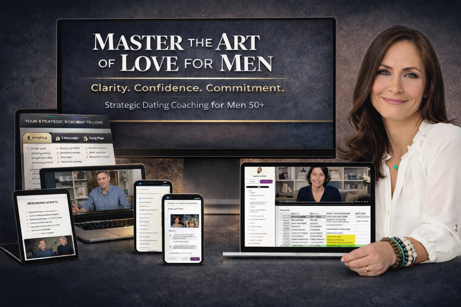 ChatGPT+Image+Feb+21,+2026,+06_52_38+AM.png A smiling woman with long brown hair beside a screen and devices showing 'Master the Art of Love for Men.'