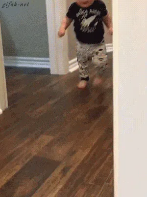 Never+Mind+Baby+GIF.gif A toddler in a black space-themed shirt and patterned pants runs and stumbles down a hallway.