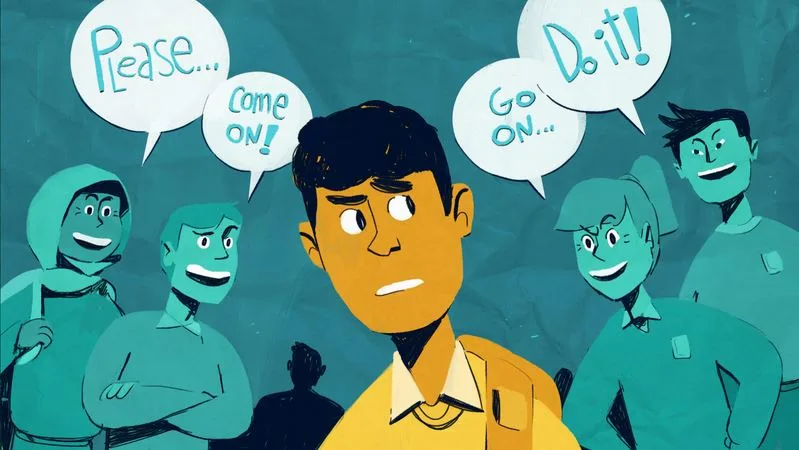 An illustrated man looks uneasy as friends around him say 'Please, come on, go on, do it!'