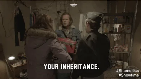 frank+gallagher+inheritance+GIF+by+Showtime.gif A man opens a red case to reveal stacked white bricks, captioned 'Your inheritance.'