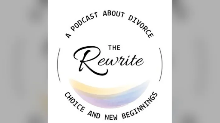 Show logo for The Rewrite, a podcast about divorce, choice and new beginnings, with the word Rewrite in script inside a circle.