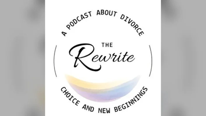 The Rewrite real art.jpg Show logo for The Rewrite, a podcast about divorce, choice and new beginnings, with the word Rewrite in script inside a circle.