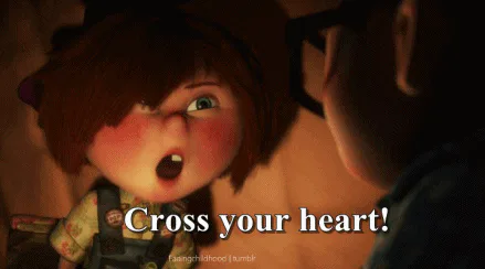 An animated young girl in denim overalls says 'Cross your heart!'