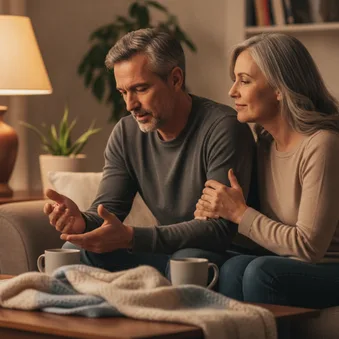 A couple sits on a sofa as the woman holds the man's arm.
