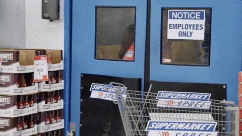 wholesale+melissa+mccarthy+GIF+by+Saturday+Night+Live.gif A woman in an orange uniform hugs a large rolled mattress near a store door marked 'Employees Only.'