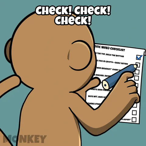 A cartoon monkey checks off items on a list with a pen, captioned 'Check! Check! Check!'