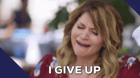 hml409+i+give+up+GIF+by+truTV’s+Hack+My+Life.gif A woman with wavy blonde hair grimaces and closes her eyes, captioned 'I give up.'