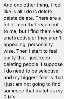 62ca84c0-0558-7832-e92e-54e23ed310f0.png A screenshot of a text message describing frustration with deleting unattractive dating matches.