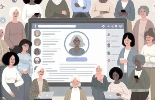 Illustration of diverse group of older adults gathered around a large computer monitor displaying a social media profile