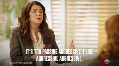 87ca3ffb-9477-a810-929a-ee9783cbcc11.gif A woman gestures while saying 'It's too passive aggressive, I like aggressive aggressive,' on a TV talk scene.