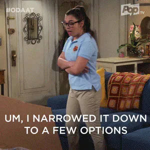 43a8c149-08eb-b272-7f22-1ca7a1434952.gif A woman unfolds a huge accordion binder full of pages and says 'Um, I narrowed it down to a few options.'