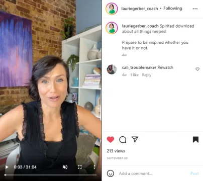 3df26570-6bb7-0878-86e6-9f1e8fb84647.png A screenshot of an Instagram video post from Laurie Gerber's coaching account about opening up about something shameful.