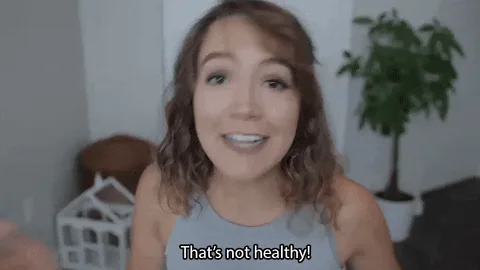A woman with curly hair says 'That's not healthy!'