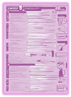 Illustrated cleaning checklist with sections and icons