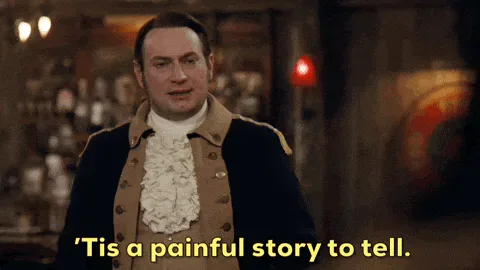 Brandon+Scott+Jones+Comedy+GIF+by+CBS.gif A man in a colonial-era coat raises his hands and says 'Tis a painful story to tell.'