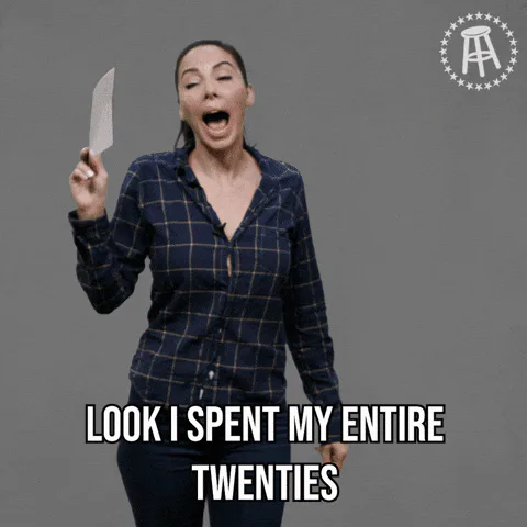 A woman holds up a card and says 'Look I spent my entire twenties ignoring red flags, OK?'