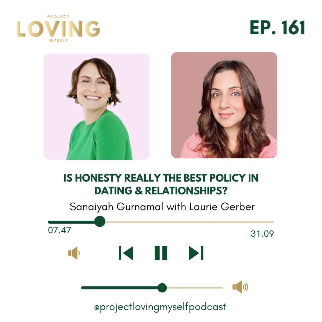 Project Loving Myself podcast episode 161 cover with Sanaiyah Gurnamal and Laurie Gerber on dating honesty.