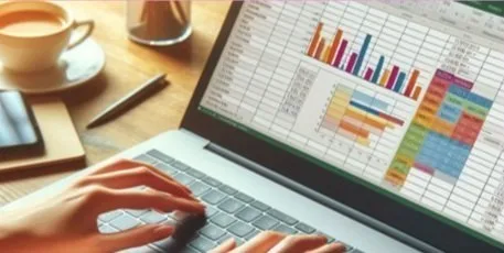 Person using a laptop with a spreadsheet and bar charts on the screen, sitting at a desk with coffee and stationery.
