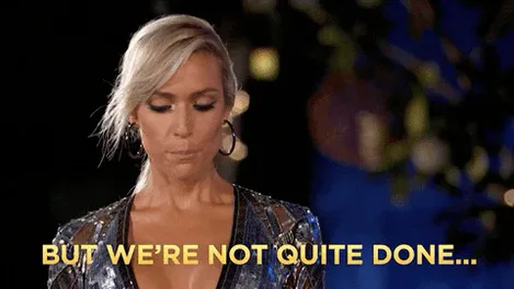 Fox+Tv+GIF+by+Paradise+Hotel.gif A woman in a sequined dress says 'But we're not quite done...'